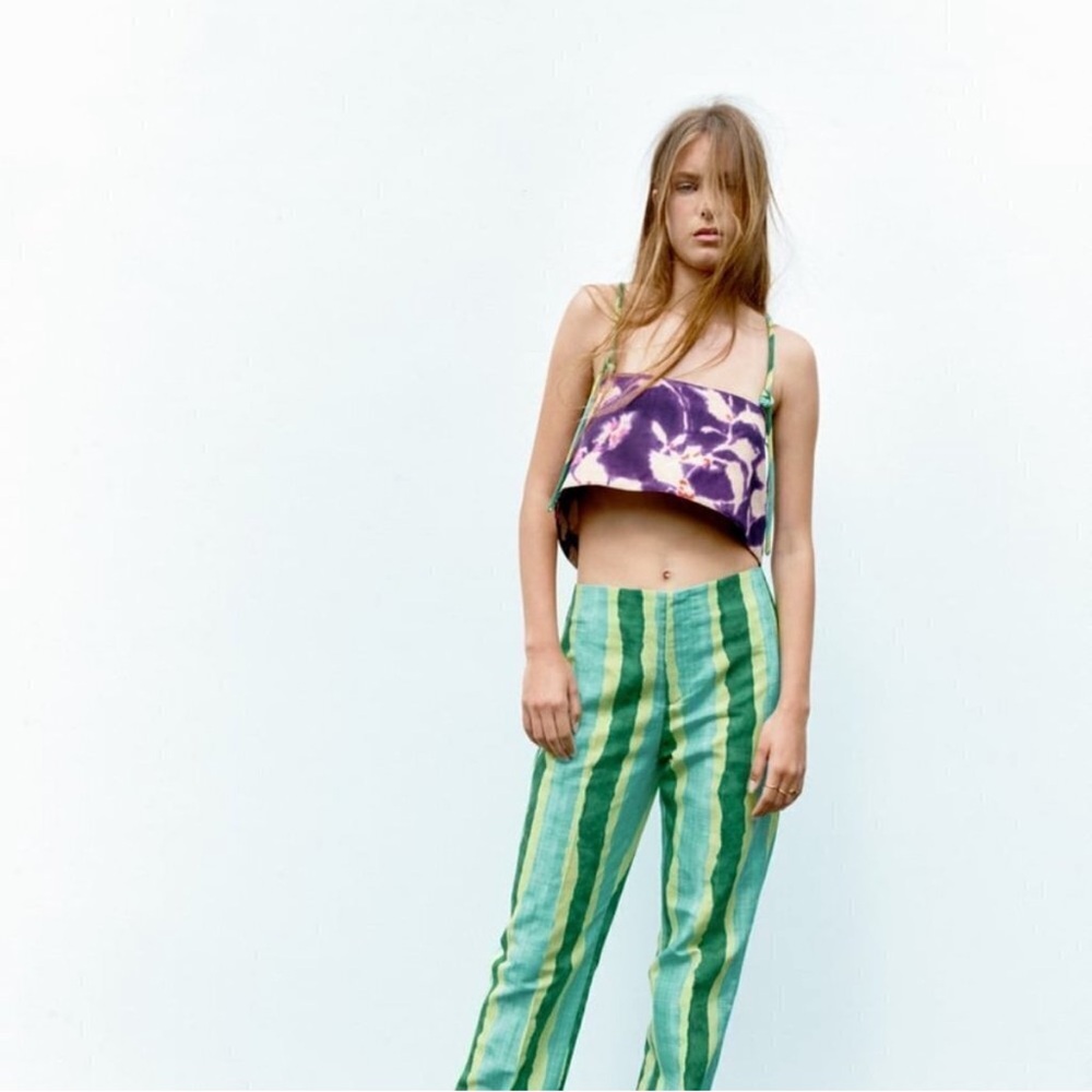 New ZARA linen purple tie dye crop top tank small s knotted